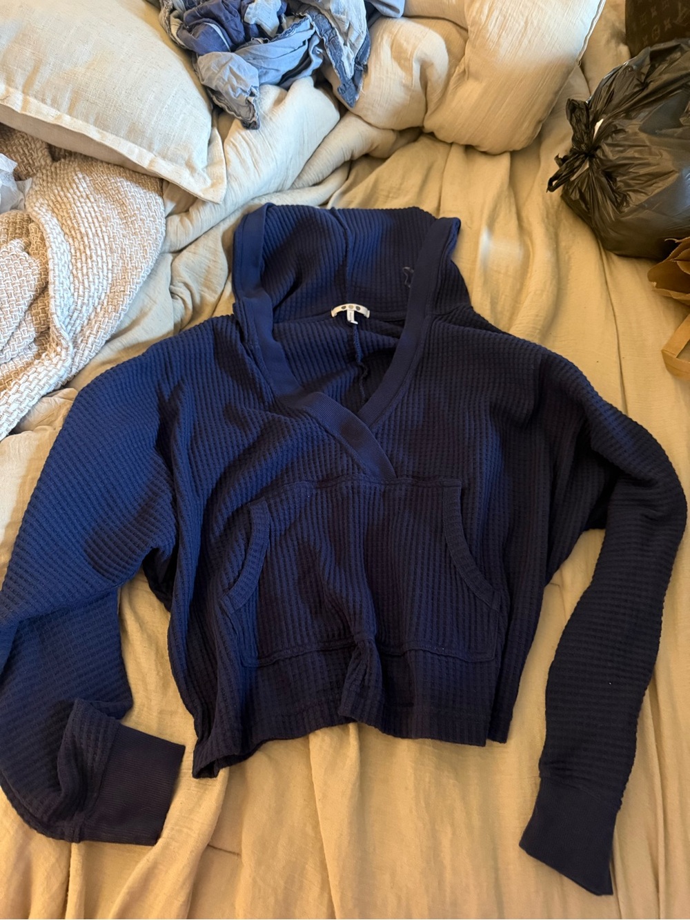 Navy Waffle-Knit Hooded Pullover